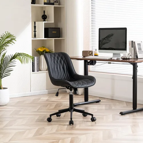 Vista 49 de YOUNIKE Silla de escritorio de oficina en casa con ruedas, silla de tocador sin brazos con respaldo, cómoda y moderna silla tapizada de cuero