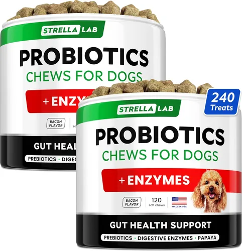 StrellaLab Golosinas de probióticos para perros para comedores exigentes, enzimas digestivas + prebióticos, suplemento de fibra masticable, alergia,