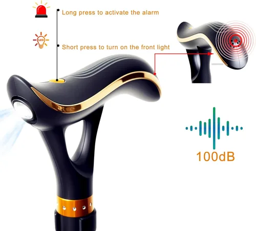 Vista 5 de Bastón inteligente para personas mayores con luz LED y alarma, bastón plegable ajustable con asas dobles, 2 puntas, recargable por USB, ayuda