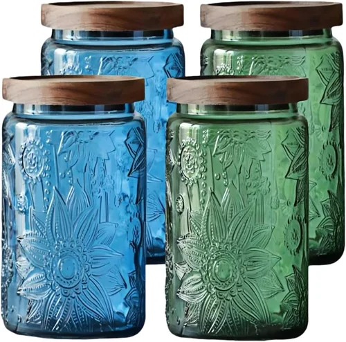 Vista 10 de ANSQU Tarro de vidrio vintage de 23.7 onzas con tapa de madera maciza, almacenamiento hermético para té suelto, café, dulces, galletas, detergente