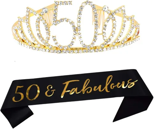 Tiara y banda de cumpleaños número 50, suministros para fiesta de 50 cumpleaños, 50 fabulosos marcos de satén con purpurina negra y tiara de