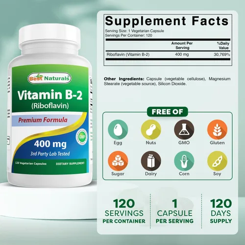 Vista 2 de Best Naturals Vitamina B2 (riboflavina) 400 mg - Alivio de la migraña - Cápsulas Vegetales - Precursor de conezima - 120