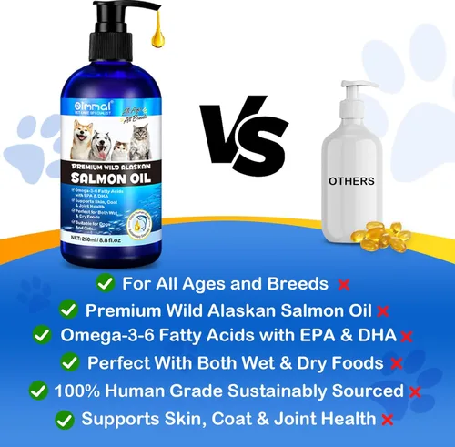 Vista 2 de Aceite de pescado Omega 3 para perros, 8.8 onzas líquidas, aceite de salmón para perros y gatos, suplemento de aceite de pescado para perros, aceite