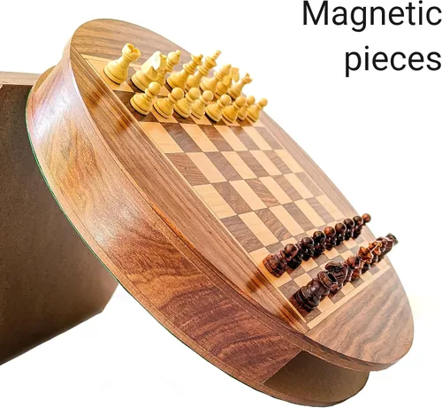 Vista 7 de Acecrafts Handmade Round Chess Board Set of Indian Rosewood Magnetic 32 Pieces Portable Book Style Design Chess Set with Storage Anti-Scratching