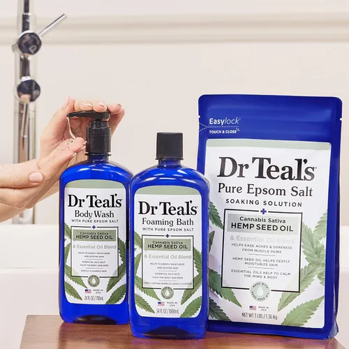 Vista 6 de Dr Teal's Baño espumoso con sal pura de Epsom, aceite de semilla de cáñamo de cannabis sativa, 34 onzas líquidas (paquete de 4)