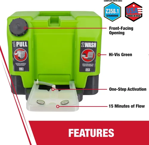 Vista 3 de Radians Estación de lavado de ojos de emergencia de 12 galones con flujo de 15 minutos, verde