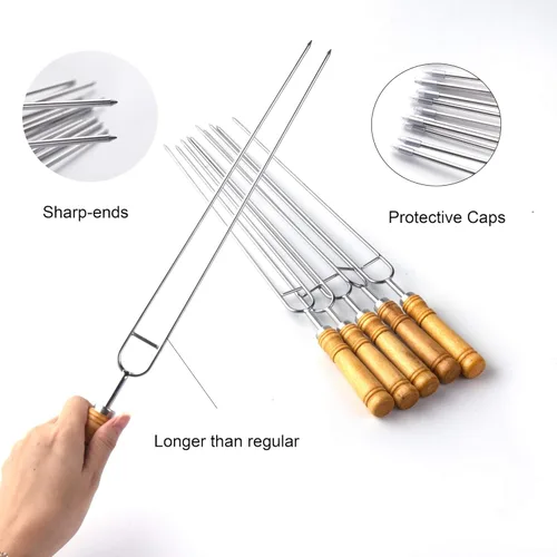 Vista 5 de IMEEA Brochetas dobles para asar brochetas gruesas de acero inoxidable con mango de madera, 16.5 pulgadas