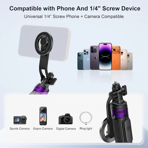 Vista 5 de Trípode magnético para iPhone con tornillo de 1/4 pulgadas, trípode MagSafe Selfie Stick de 53 pulgadas con control remoto, trípode estable de 4