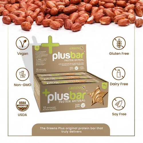Vista 5 de Greens+ Plusbar Protein Natural Barra de proteína de suero sin gluten Verduras orgánicas Sin OMG 12 barras