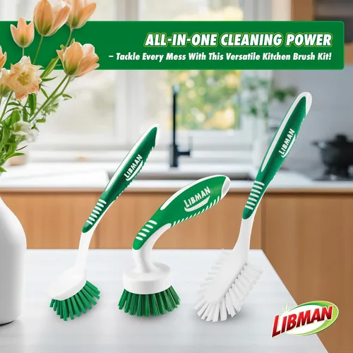 Vista 2 de Libman - Juego de cepillos de limpieza verde y blanco, juego de 3 piezas, cepillos multiusos para cocina, lavabos, fregaderos, lavavajillas