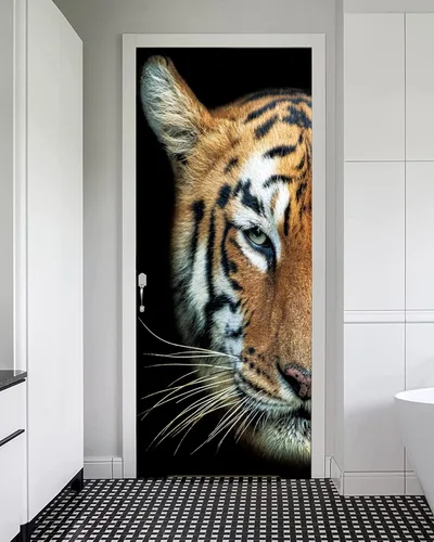 Vista 4 de FLFK Adhesivo mural para puerta, tigre, despegar y pegar, tamaño combinado 32 x 80 pulgadas, dividido en 2 piezas