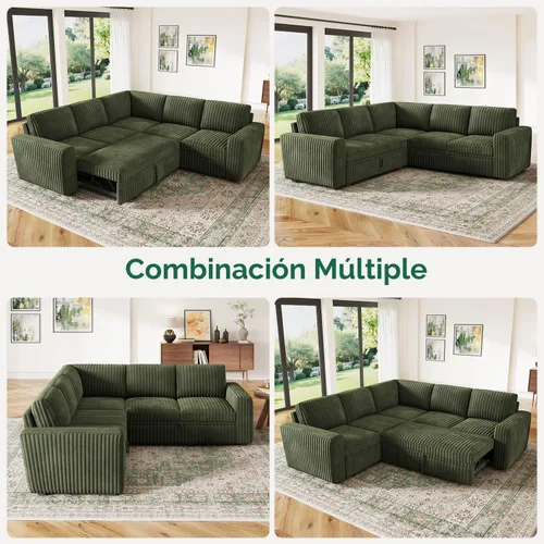 Vista 6 de HONBAY - Sofá seccional modular con cama desplegable, sofá en forma de L de pana con almacenamiento, sofás seccionales para sala de estar, verde