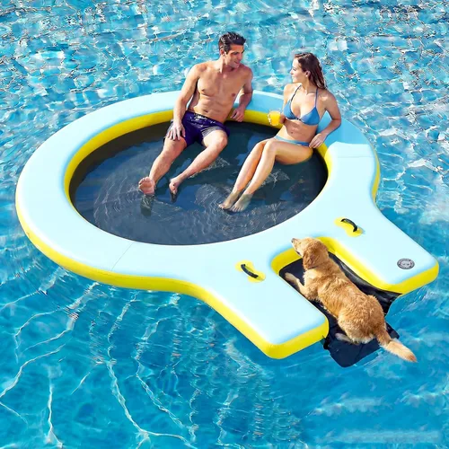 Vista 24 de 6-12FT Round Inflatable Floating Dock, Sunchill Float Ring, Water Hammock Tanning Pool Floats with Woven Fabric, Manual Pump for Quick