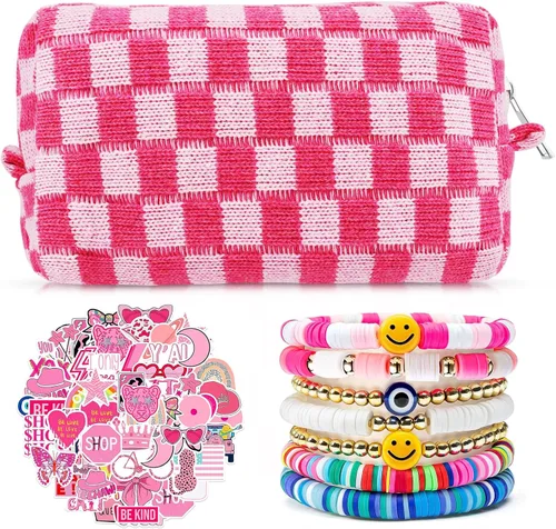 Set de bolsa de maquillaje a cuadros Preppy con 7 pulseras Heishi y 50 pegatinas rosas, linda bolsa de viaje para cosméticos, regalos perfectos para