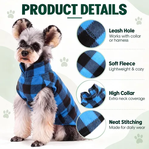 Vista 2 de Kuoser - Chaleco de forro polar para perros, suéter cálido a cuadros con agujero para correa, pijama suave para cachorros, abrigo de invierno