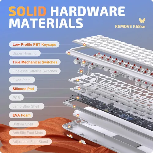 Vista 5 de KEMOVE K68se Teclado mecánico para juegos, teclado RGB 60% con interruptor lineal rojo, blanco