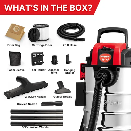 Vista 8 de Shop-Vac Aspiradora húmeda y seca de 6 galones, 4.0 de pico de HP, compacta para montaje en pared, con manguera extra larga de 20 pies y accesorios