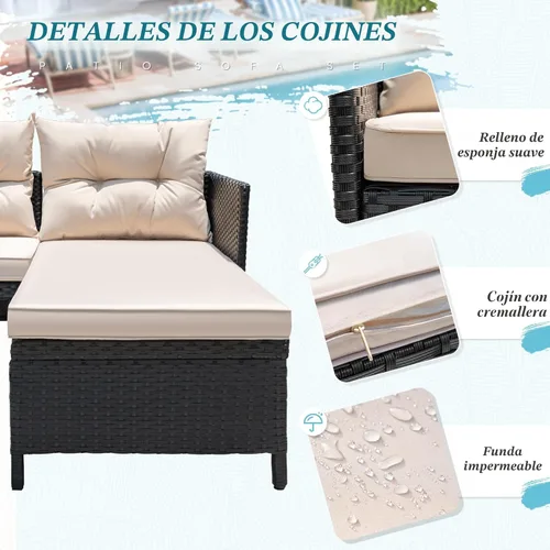 Vista 6 de Greesum - Juego de muebles de patio de 3 piezas, sofá seccional de ratán y mimbre para exteriores con cojines y mesa de centro para jardín, terraza