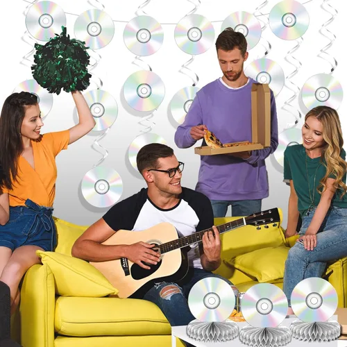 Vista 7 de Juego de decoraciones de fiesta de los años 2000, cumpleaños Y2k, pancartas de papel de CD retro de los 90, guirnaldas de mezcla de temas retro