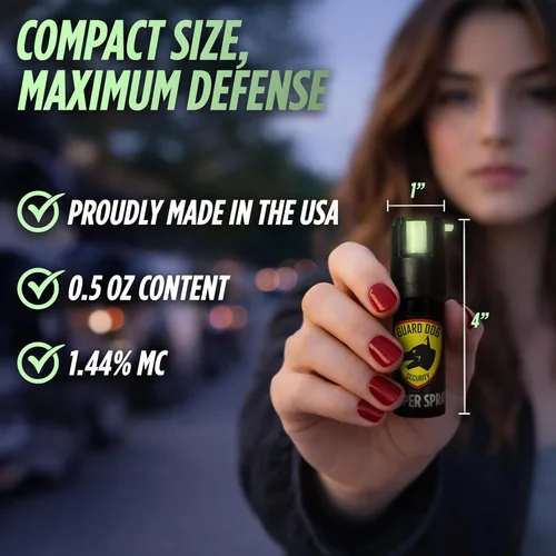 Vista 4 de Guard Dog Security Spray de pimienta que brilla en la oscuridad, liberación rápida, tinte UV, parte superior giratoria, tamaño compacto, fórmula