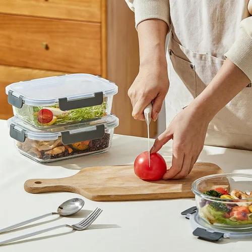 Vista 6 de Paquete de 10 recipientes de vidrio de 22 onzas para preparación de comidas, recipientes de almacenamiento de alimentos de vidrio con tapas