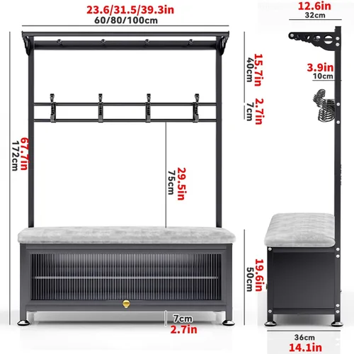 Vista 2 de Hall Tree with Bench and Shoe Storage, 4 in 1 Coat Rack with Shoe Bench with Hooks, Freestanding Entrance Storage Cabinet for Hallway for Hallway