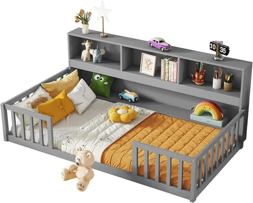 Vista 5 de Mirightone Cama de suelo de tamaño individual para niños, cama Montessori de madera con rieles de valla y estantes de almacenamiento, marco de cama