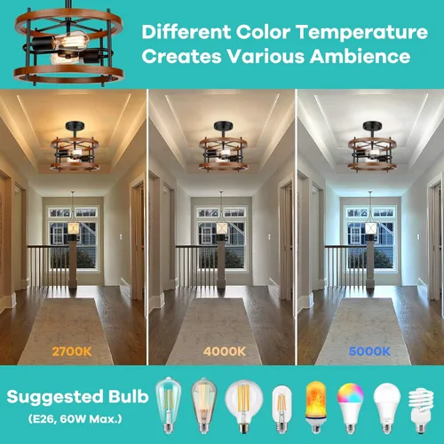 Vista 3 de Lakumu Lámpara de techo retro semi empotrada de 2 luces, de madera rústica vintage y metal negro industrial para pasillo, entrada, dormitorio