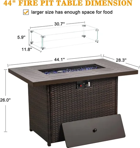 Vista 6 de LayinSun Mesa de Fogata de Gas Propano de 44", 55000 BTU Mesa de Fogata Rectangular con Protector de Viento de Vidrio para Patio Exterior, Terraza