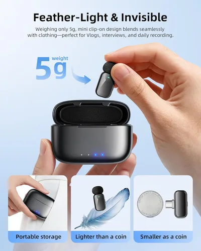 Vista 2 de Mini micrófono inalámbrico Lavalier para iPhone y cámara Android, micrófonos inalámbricos de doble canal con cancelación de ruido AI, rango de 328