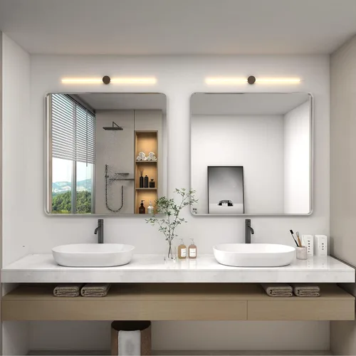 Vista 6 de Espejo de baño cuadrado plateado de 36 x 36 pulgadas para pared, espejo de tocador de baño con marco de metal cepillado, espejo rectangular Plata