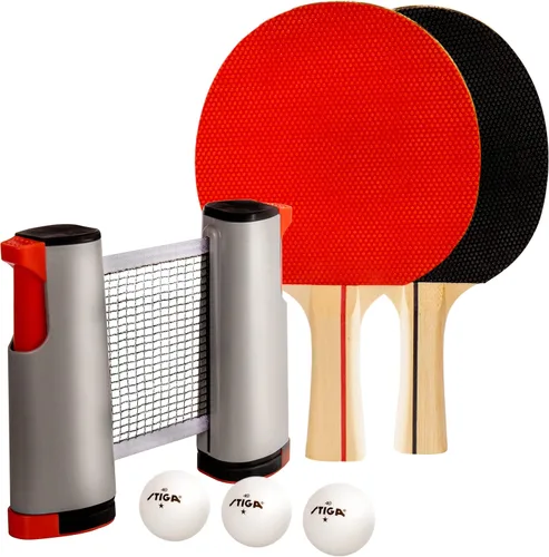 STIGA Juego de red de ping pong retráctil todo en uno, incluye 2 paletas de ping pong, 3 bolas de 1 estrella, bolsa de almacenamiento de malla, se