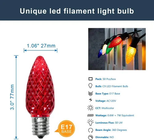 Vista 2 de Paquete de 50 bombillas LED multicolor C9 de repuesto, bombillas LED C9 de plástico inastillables e impermeables para tiras de luces al aire libre