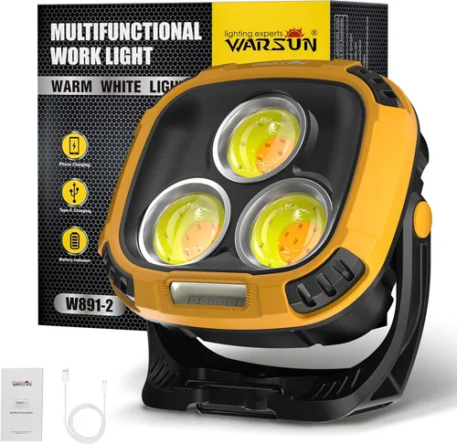 Vista 9 de WARSUN Luz de trabajo LED recargable de 3300 lúmenes, 18 modos de iluminación, base magnética, entrada USB-C, amarillo, material ABS, portátil