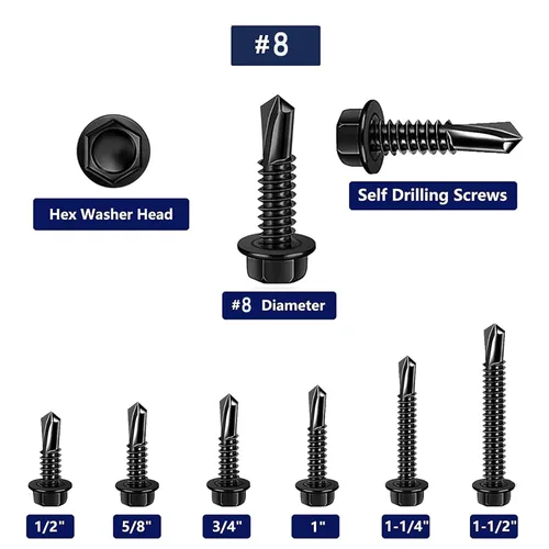 Vista 5 de 100 piezas tornillos autoperforantes de acero inoxidable 410 #8X5/8 para placas de metal, cabeza hexagonal negra, alta resistencia y resistente a