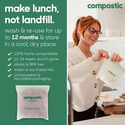Vista 5 de Compostic Bolsas resellables compostables para el hogar, aptas para microondas y congelador, contenedor de almacenamiento de alimentos orgánicos, 60