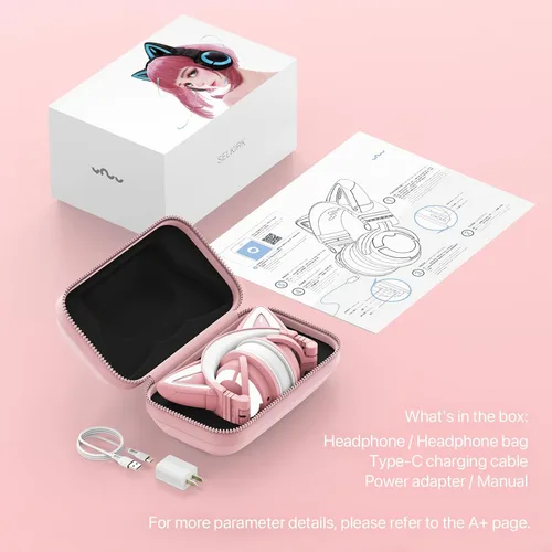 Vista 8 de YOWU Auriculares RGB con orejas de gato 3G inalámbricos 5.0 plegables para juegos rosa con sonido envolvente 7.1, micrófono integrado e iluminación