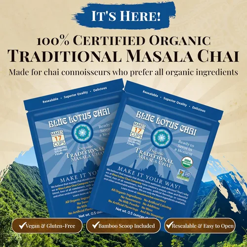 Vista 3 de Té Blue Lotus Chai - Té Chai Masala Tradicional Completamente Orgánico - Hace 17 Tazas - 14 g de Polvo de Té Chai Condimentado con Especias