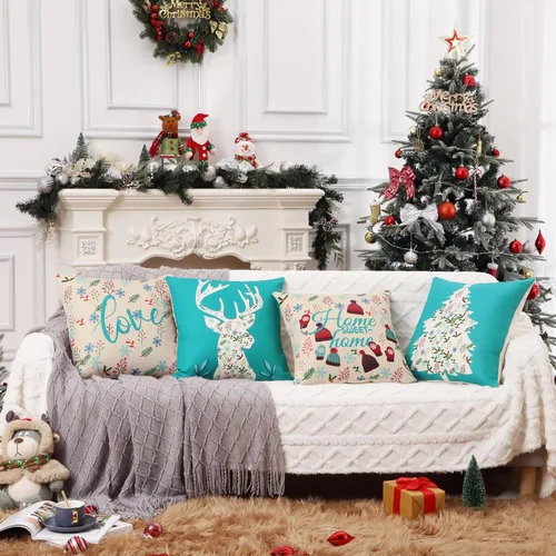 Vista 8 de CAROMIO Juego de 4 fundas de almohada decorativas de Navidad de 18 x 18 pulgadas, color verde azulado para el hogar, ciervos, árbol de Navidad