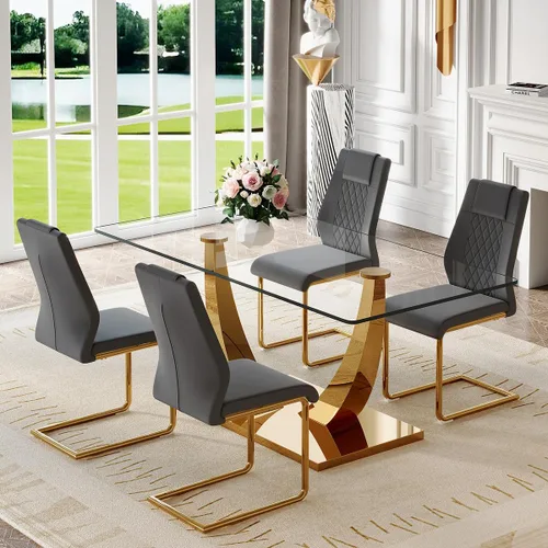Vista 37 de Juego de mesa de comedor de cristal de 63 pulgadas para 4, mesa de comedor para 4, mesa de comedor con patas y base de acero inoxidable, sillas