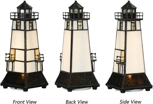 Vista 4 de Bieye L10727 Lighthouse Tiffany Style - Lámpara de mesa decorativa con vitral, luz nocturna con plataforma de mirador para decoración del hogar