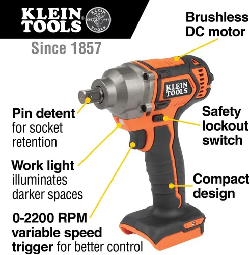Vista 2 de KLEIN TOOLS BAT20CW Llave de impacto a batería de 1/2 pulgada con diseño compacto para un excelente control en espacios reducidos