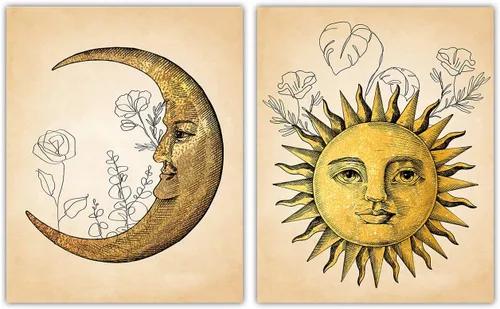 Aesthetic Sun and Moon Line Art - Set of 2 8x10 Unframed Minimalist Abstract Wall Decor - Modern Wall Art for Home, Office, Living Room and Bedroom
