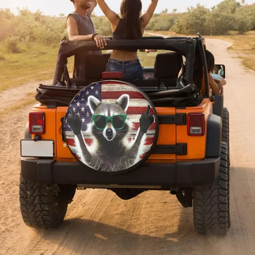 Vista 4 de Cubierta de neumático de repuesto de mapache con bandera estadounidense, a prueba de polvo, UV, cubierta de neumático para remolque, RV, SUV