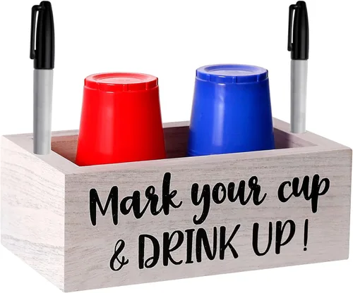 Portavasos doble blanco vintage con ranura para marcador, organizador de tazas de fiesta de madera, soporte desechable para tazas de granja, bar,