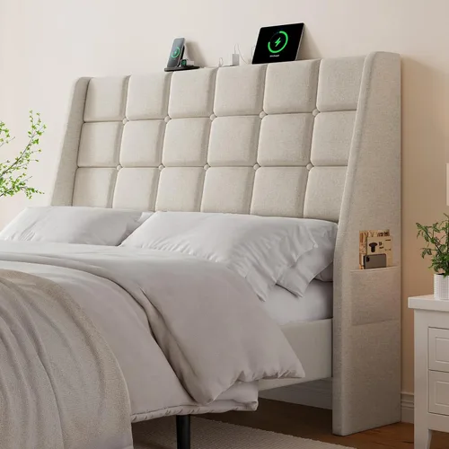 Vista 14 de Cabecera ergonómica tapizada de tamaño completo con estación de carga, cabeceros wingback de lino con bolsillo de almacenamiento, solo cabecero
