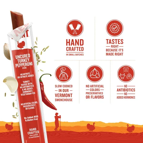 Vista 3 de Vermont Smoke & Cure Snack Sticks - Pepperoni sin curar - Pavo - Proteína de carne saludable - 1 onza Jerky Stick - 1 unidad (paquete de 1)