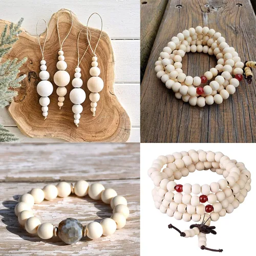 Vista 3 de 350 cuentas de madera de 0.630 in para manualidades con cordel de yute, cuentas redondas de madera natural sin terminar para manualidades, guirnalda