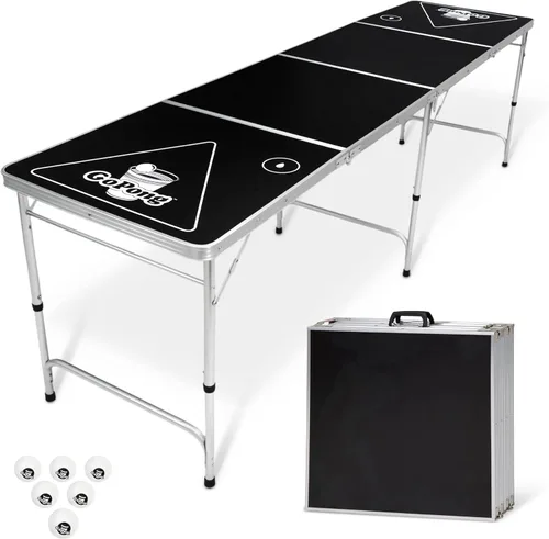 GoPong Mesa de Beer Pong portable / plegable de 8 pies (Color Negro, diseño de Futbol o la bandera Estadounidense), negro