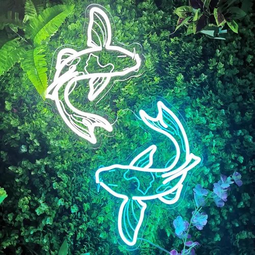 Vista 6 de Koi Fish - Letrero de neón hecho a mano, tatuaje tradicional japonés, luz LED de neón, dos ilusiones blancas y azules grabadas en 3D, lámpara